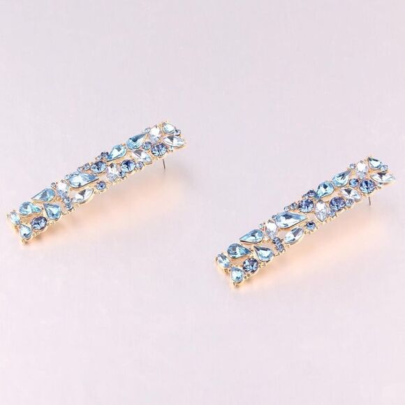 Yellow Gold with Blue Sapphire Crystal Geometric Rectangle Post Back Earrings - Picture 2 of 6